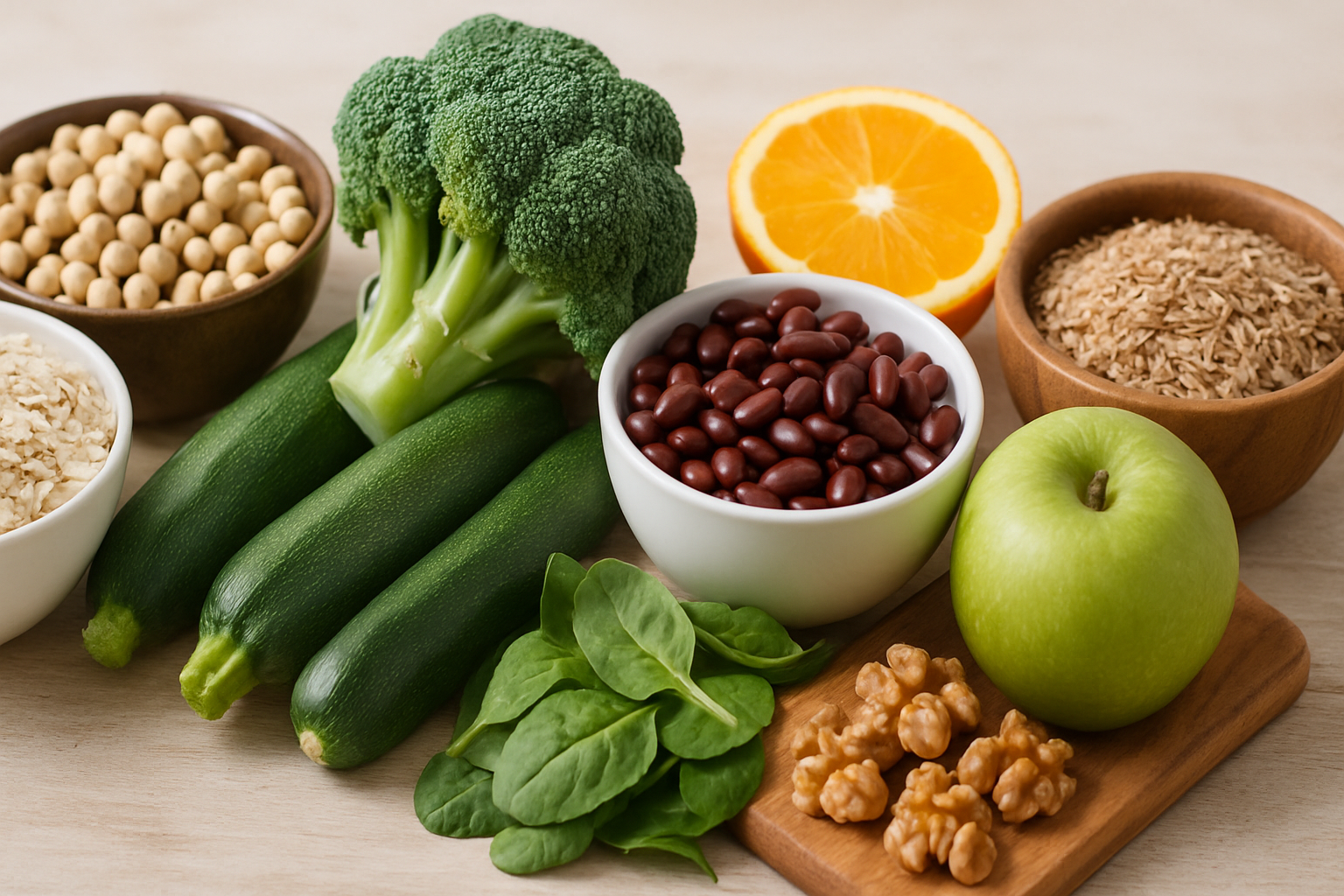 A variety of fiber-rich foods including fruits, vegetables, and grains