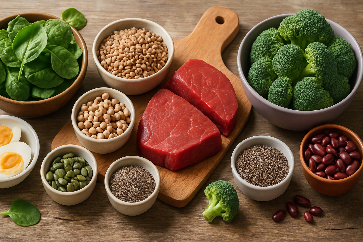A variety of iron-rich foods including spinach, lentils, and red meat